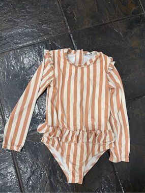 HOMILLE Peach Cream Stripe Ruffle Long Sleeve One Piece Swimsuit